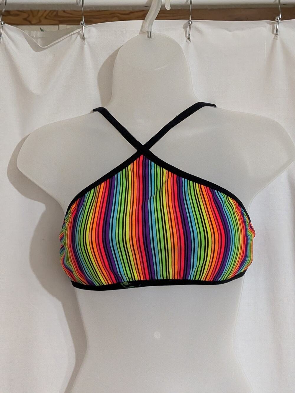 VTG 90s Beach Lingo Rainbow Striped Sports Bra Bikini Halter Top Swimsuit Sz M